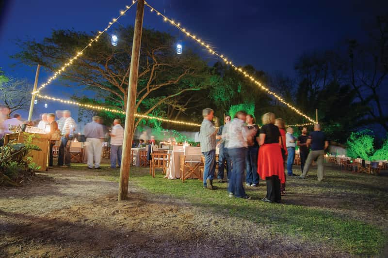 Guests talking between tables on the grass at the evening braai, festoon lights strung overhead against a deep blue sky