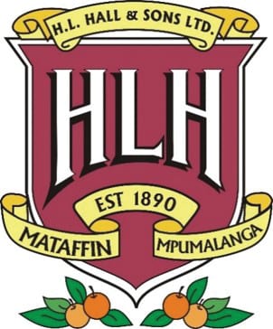 The 1994 H.L. Hall & Sons crest — the HLH shield in maroon, Est 1890, with Mataffin and Mpumalanga ribbons and oranges beneath